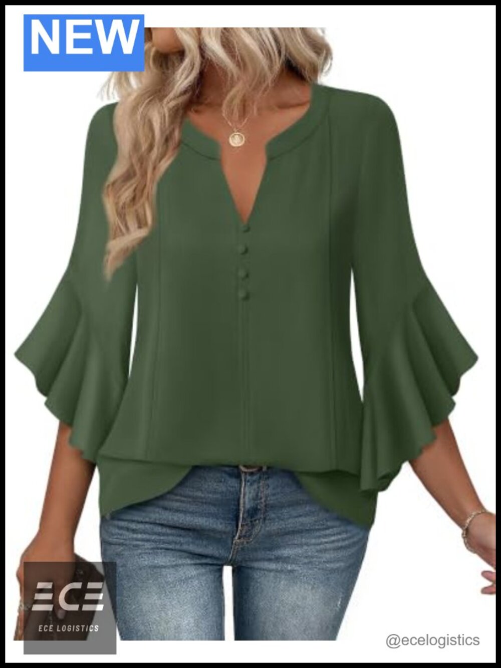 Womens Chiffon Blouse 3/4 Ruffle Sleeve Henley V Neck Button Down Top